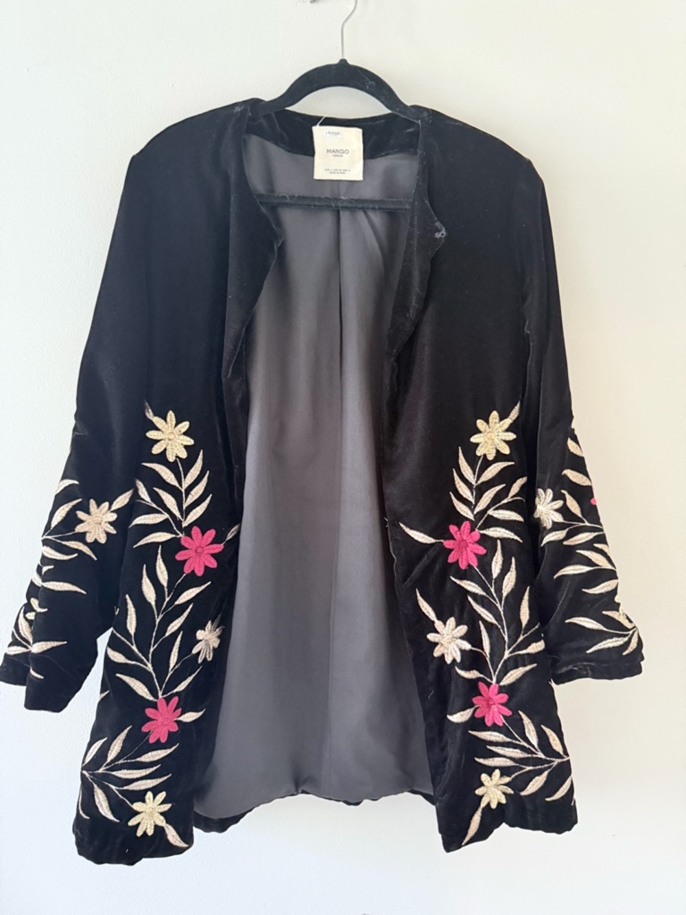 Mango Black Velvet Blazer with Pink & Cream Floral Embroidery